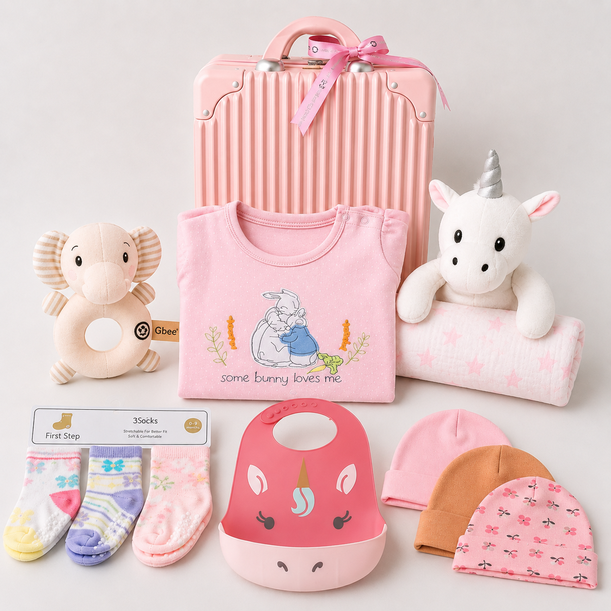 New Born Baby Girl LED Light Layette Hand Rattle Swaddle Unicorn Plushie Blanket Hanging Chime Stroller Toy Suitcase Mummy Makeup Gift Hamper