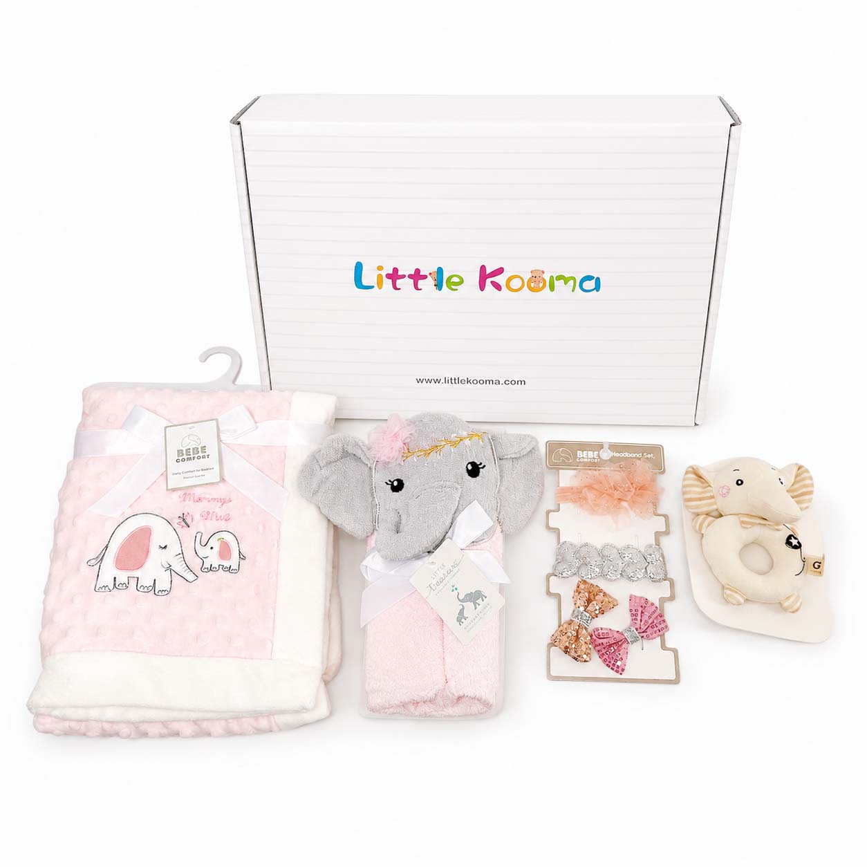 新生女嬰 Little Kooma 品牌禮盒粉紅大象圓點毯連帽毛巾手搖鈴禮盒套裝