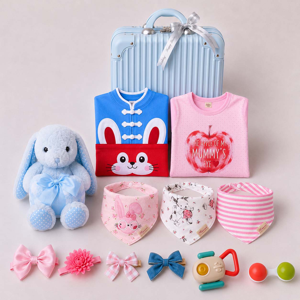 New Born Baby Girl LED Light Layette Plush Blanket Romper Blue Bunny Suitcase Mummy Makeup Box Gift Hamper Gift Box Set