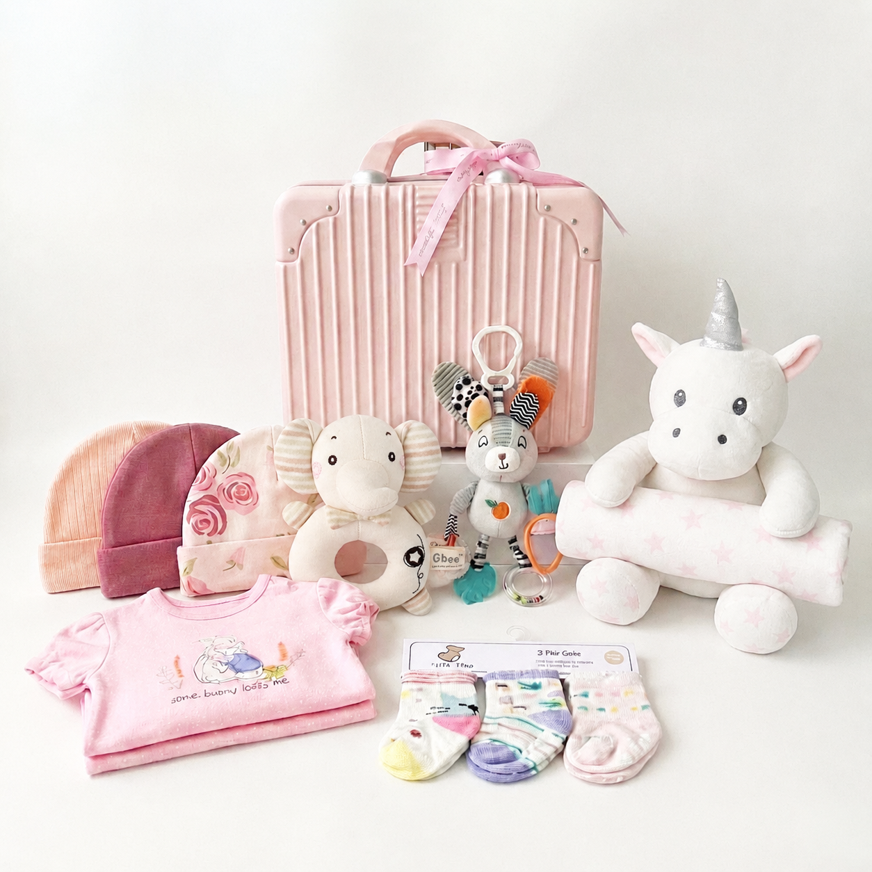 New Born Baby Girl LED Light Layette Hand Rattle Swaddle Unicorn Plushie Blanket Hanging Chime Stroller Toy Suitcase Mummy Makeup Gift Hamper - Little Kooma
