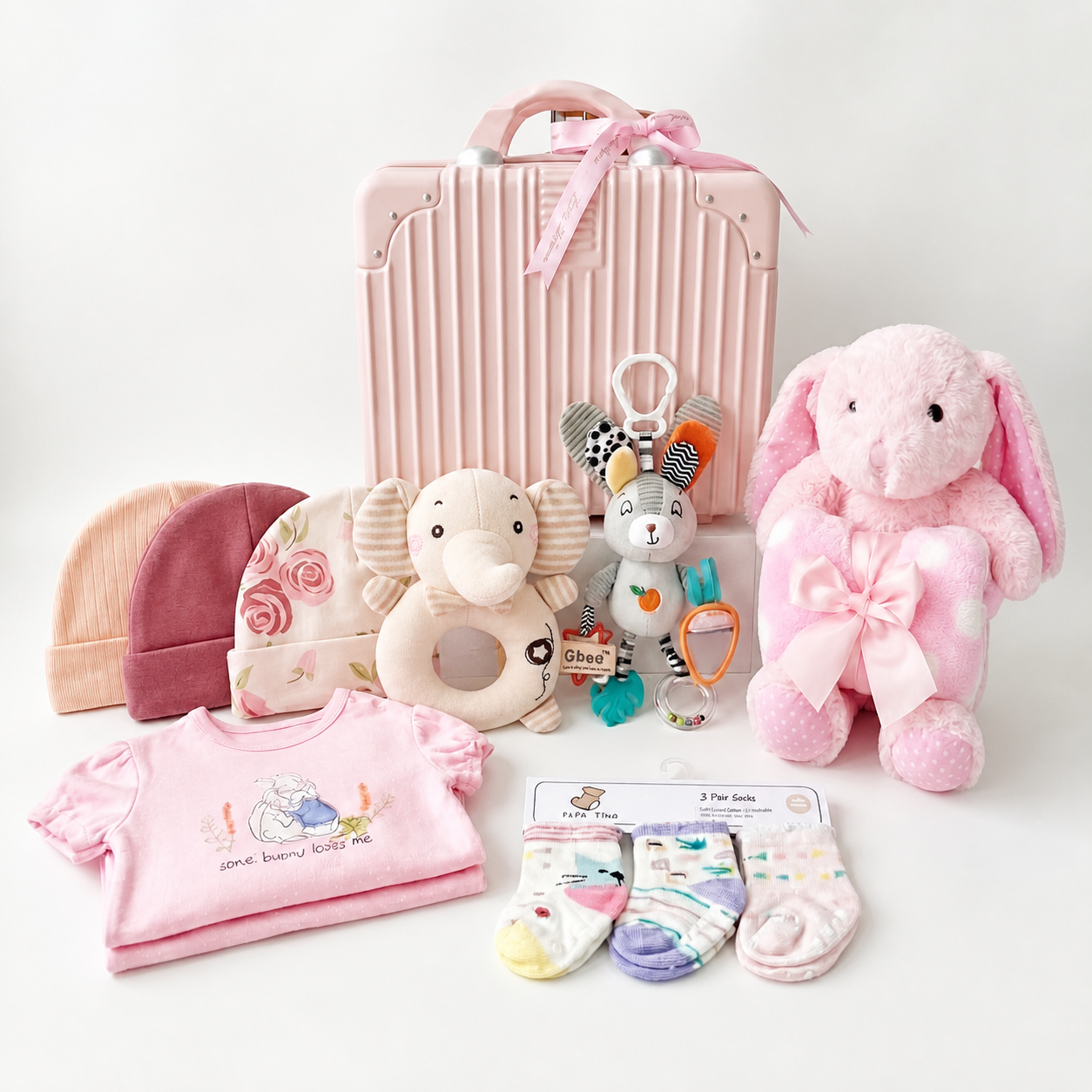 New Born Baby Girl LED Light Layette Hand Rattle Swaddle Pink Bunny Plushie Blanket Hanging Chime Stroller Toy Suitcase Mummy Makeup Gift Hamper - Little Kooma