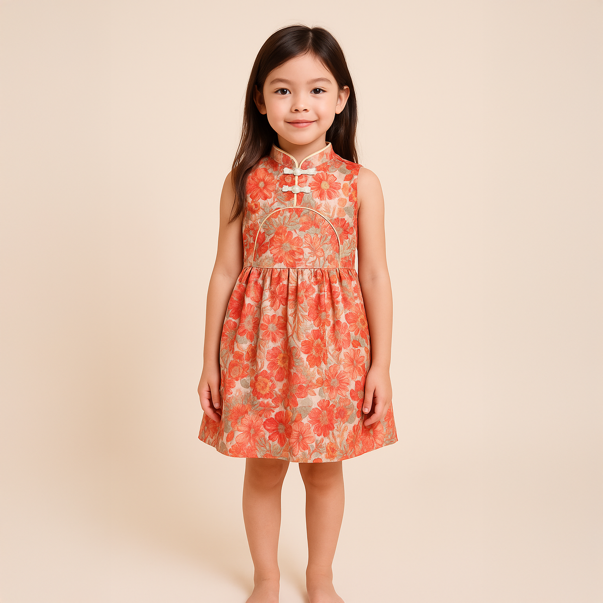 Singapore Souvenir Gift Red Flowers Sleeveless Baby Kids Girl Cheongsam Dress 0845