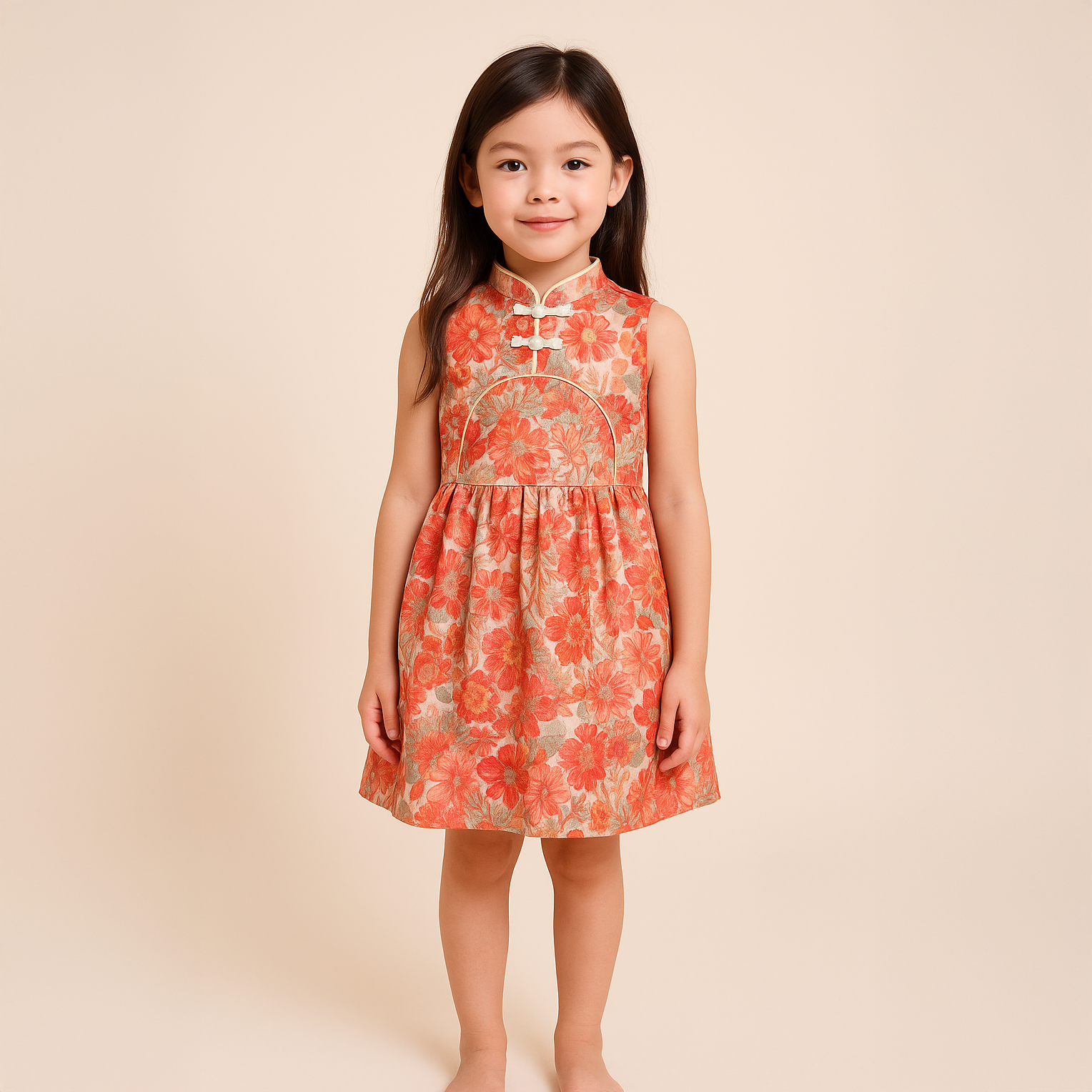Singapore Souvenir Gift Red Flowers Sleeveless Baby Kids Girl Cheongsam Dress 0845