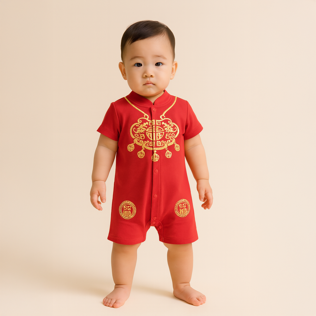 Singapore Souvenir Gift Baby Unisex Red Cheongsam Romper Ruyi Lock Chinese New Year Outfit - Little Kooma