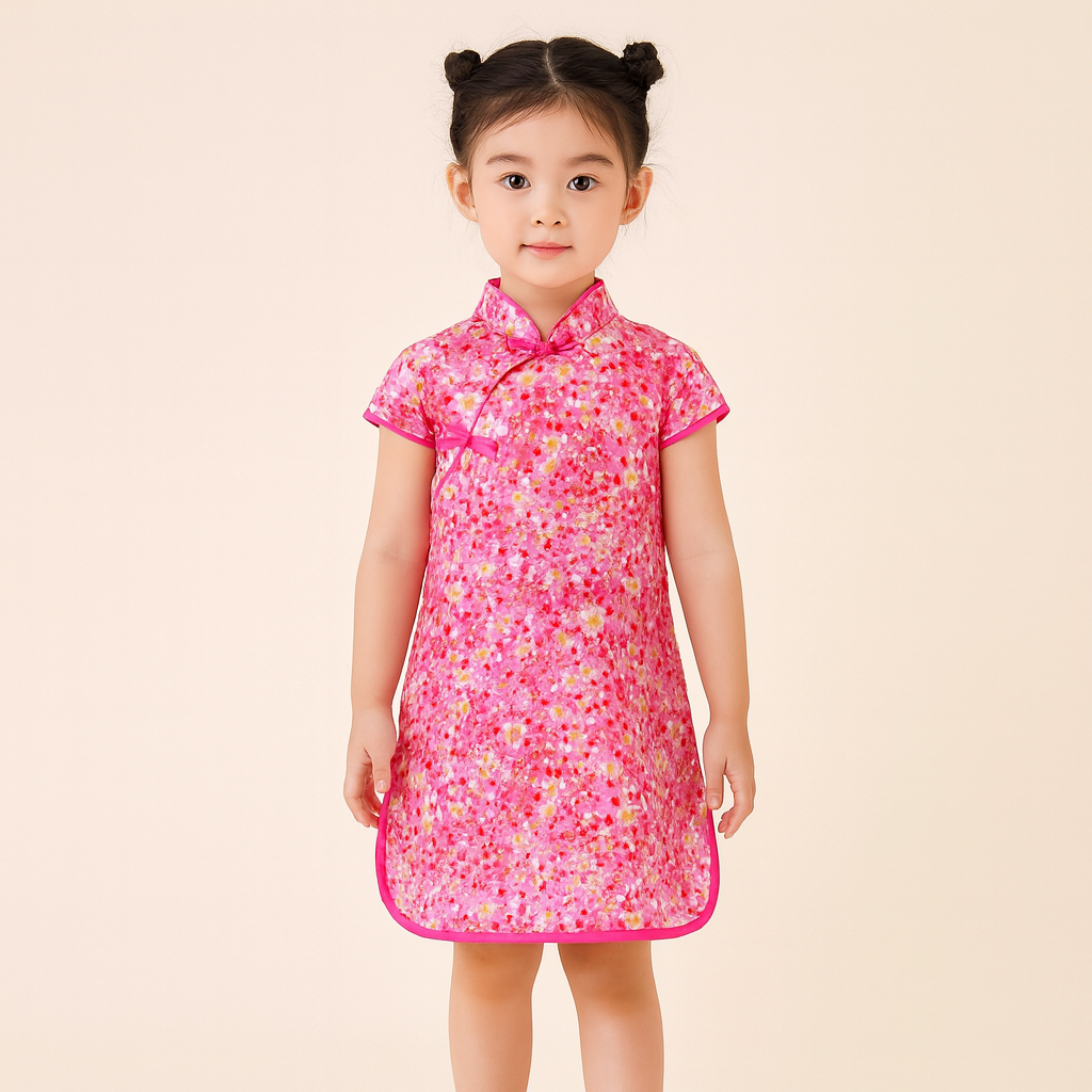 Singapore Souvenir Gift Pink Cheongsam Dress w Red n Yellow Plum Blossoms Flowers