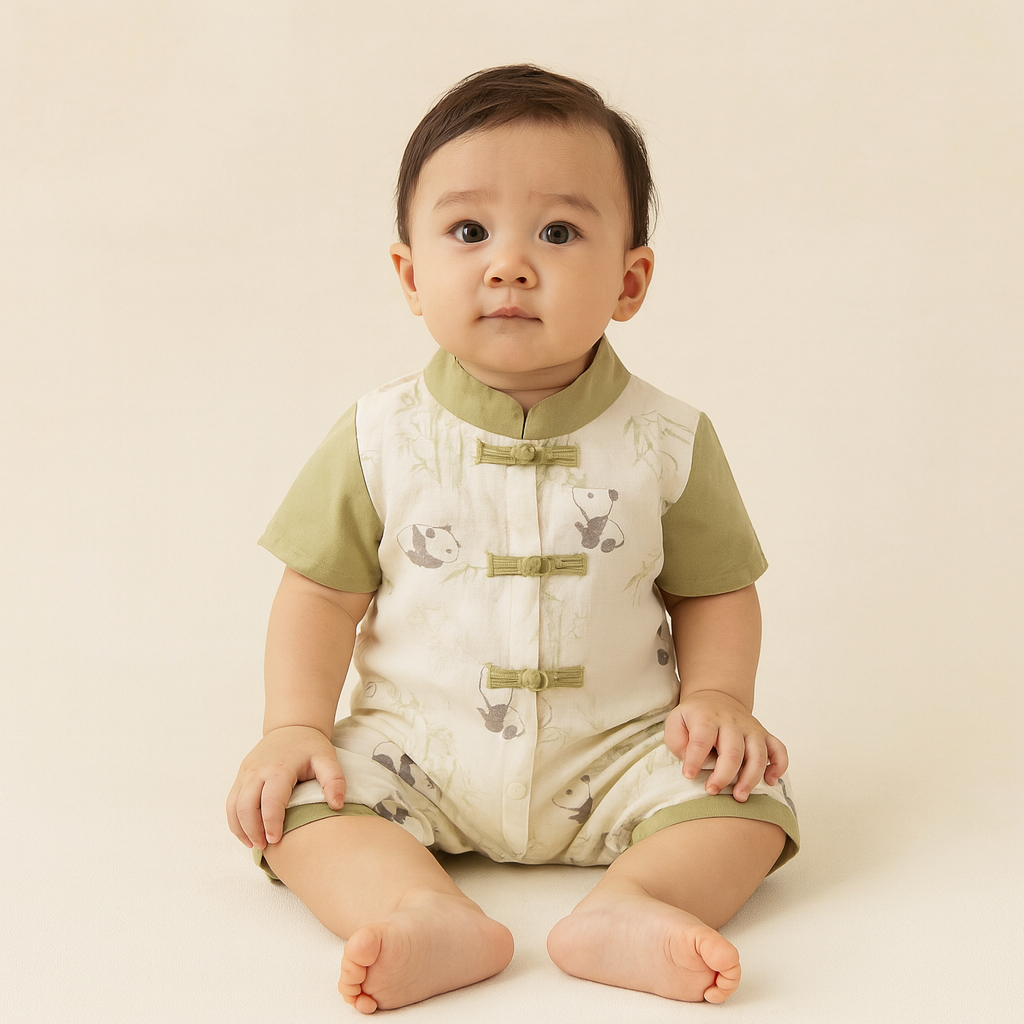 Singapore Souvenir Gift Panda Eat Bamboos Baby Boy Cheongsam Romper 0841