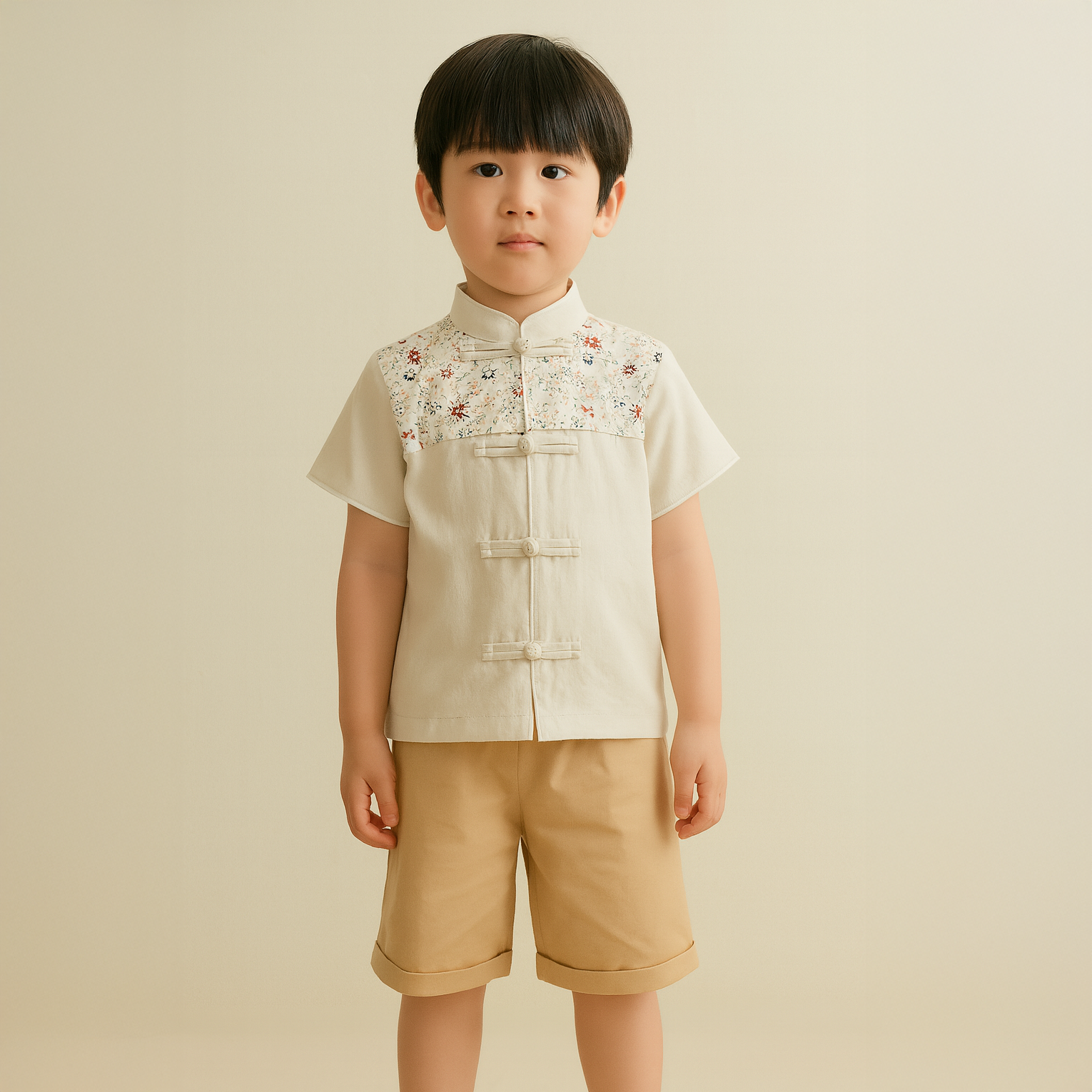 Singapore Souvenir Gift Blossom Harmony Collection Baby Kids Boys Beige Cheongsam Set Little Flower Prints Top n Shorts CNY Chinese New Year Outfit 0819