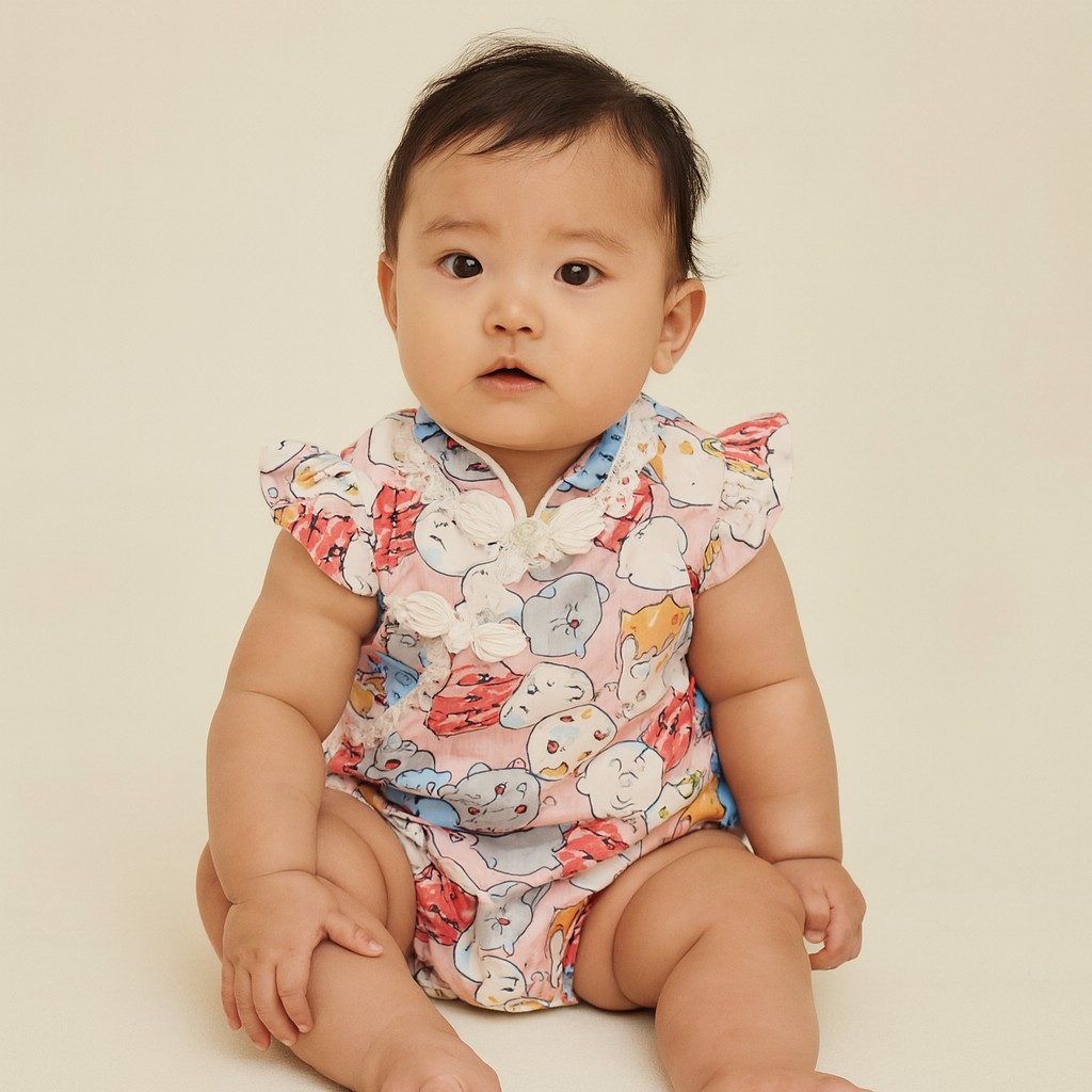 Singapore Souvenir Gift Purrfect Family Paws Baby Girl Pink Cats Cheongsam Bodysuit n Headwrap Set Family Wear 0821 - Little Kooma