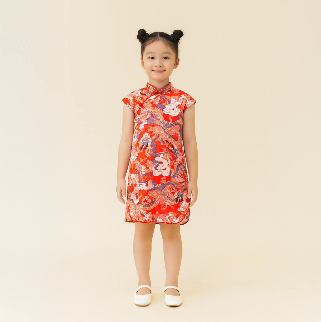 Singapore Souvenir Gift Dragon Dynasty Ensemble Baby Kids Girl Blue n Red Cheongsam Dress w Dragon Prints 0803