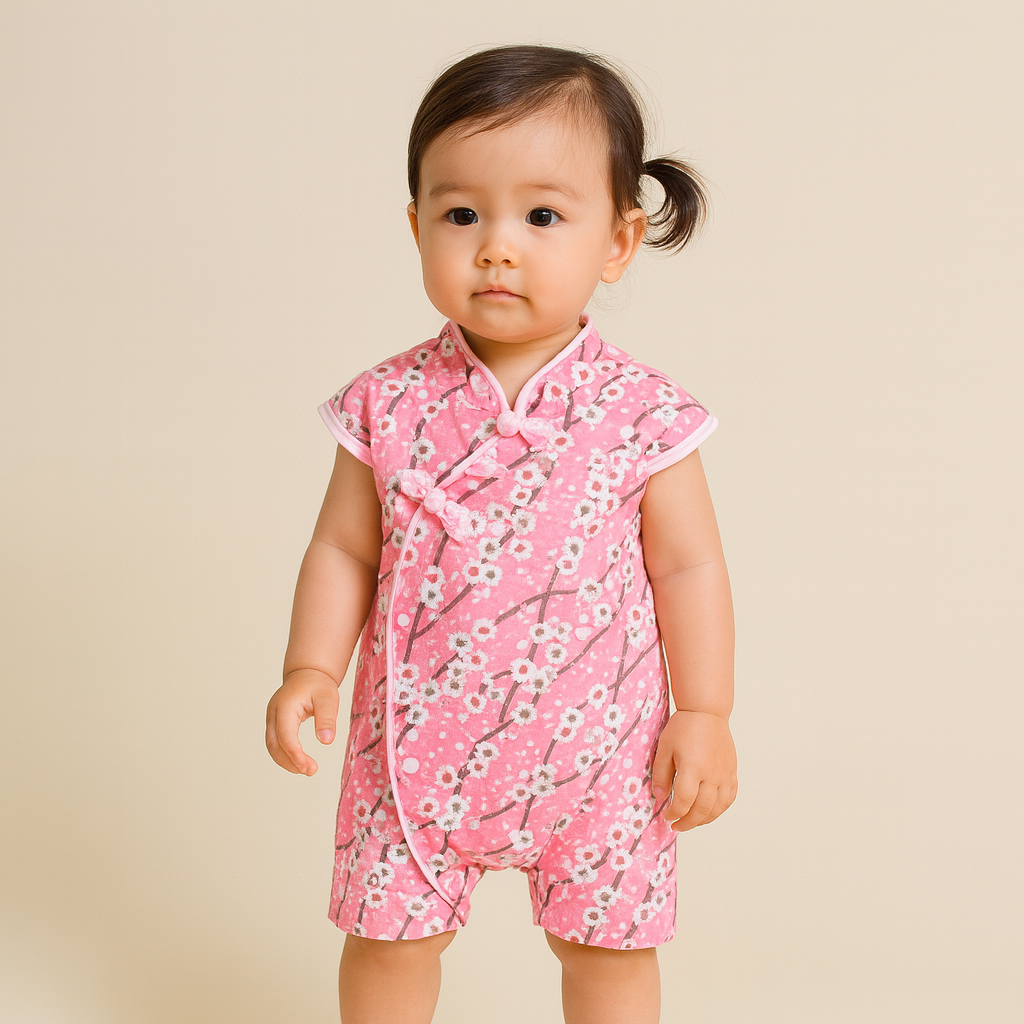 Singapore Souvenir Gift Baby Girl Cheongsam Romper Pink w White Plum Flowers