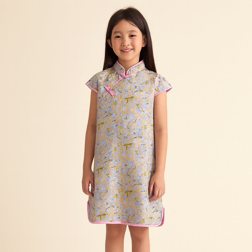 Singapore Souvenir Gift Baby Kids Girl Blue Cheongsam Dress w Pink n White Plum Blossoms Flowers