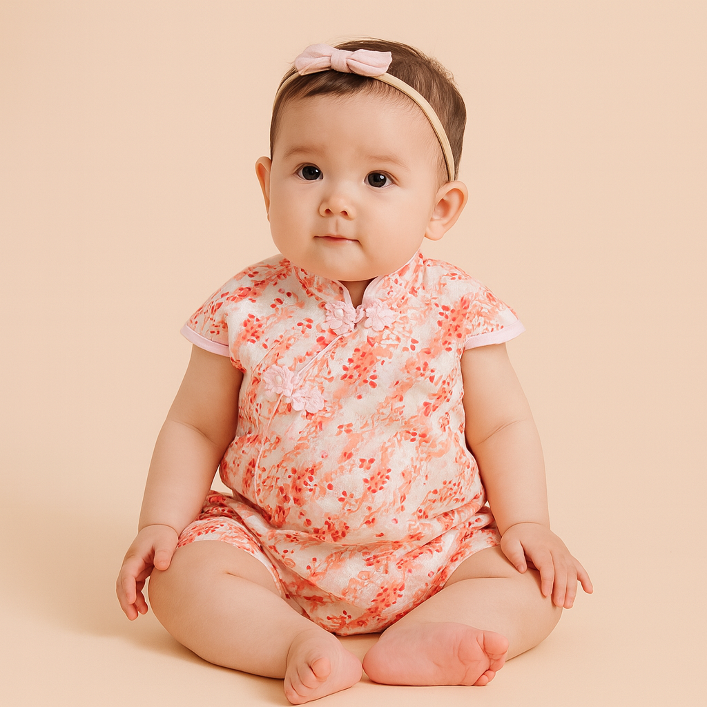 Singapore Souvenir Gift Baby Girl Cheongsam Romper Orange Stripes White n Red Flowers