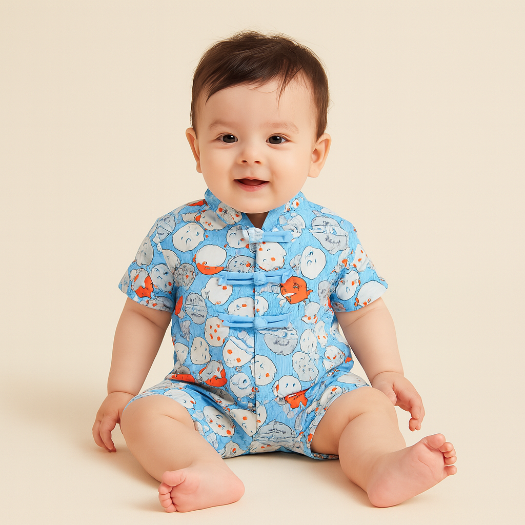 Singapore Souvenir Gift Purrfect Family Paws Baby Boy Blue Little Cats Cheongsam Romper Family Wear 0801