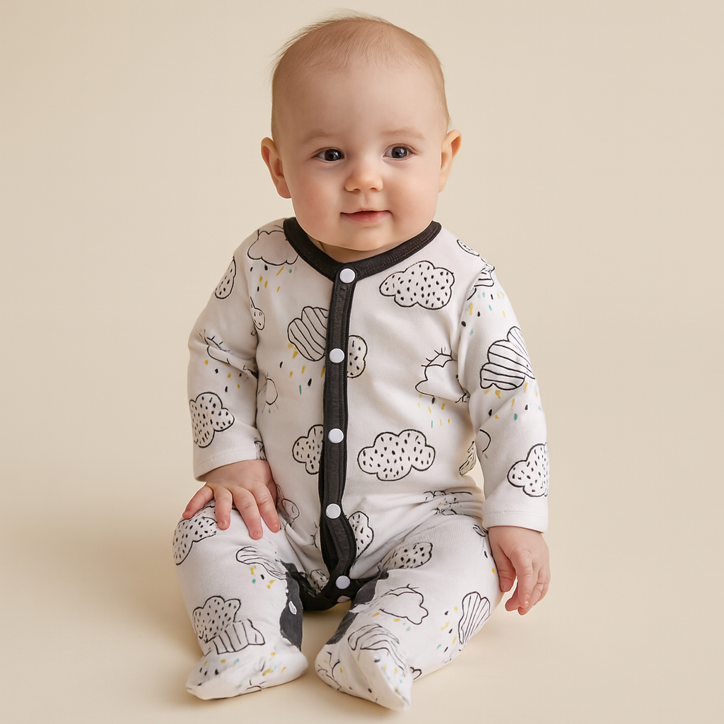 Baby Boy Cotton Sleepsuit Rainbow n Clouds All In One Jumpsuit