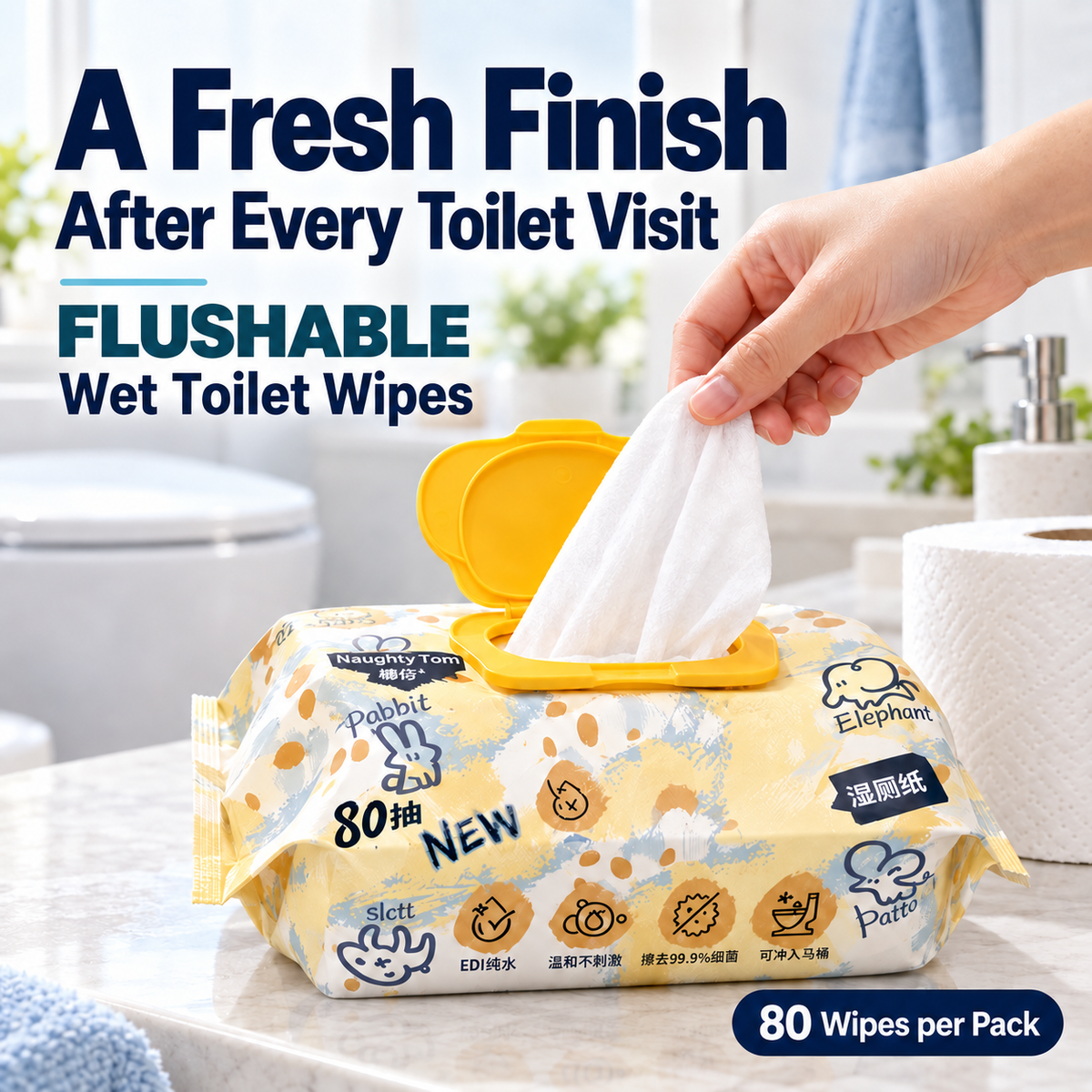 Ready Stock Naughty Tom Flushable Wet Toilet Wipes 80 Sheets Thick Soft 200x150mm