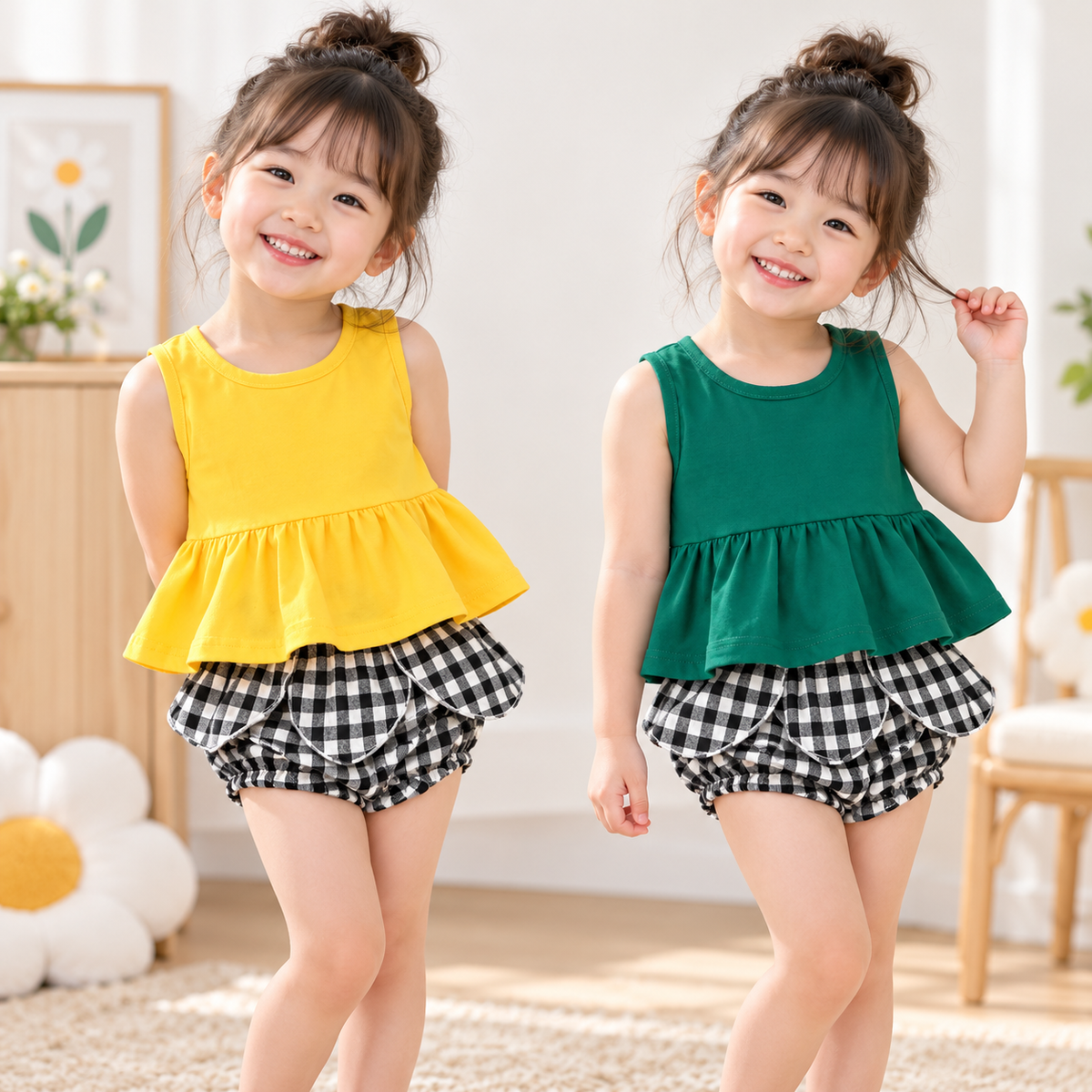 Baby Girl Sleeveless Top n Plaid Knickers Set - 1006