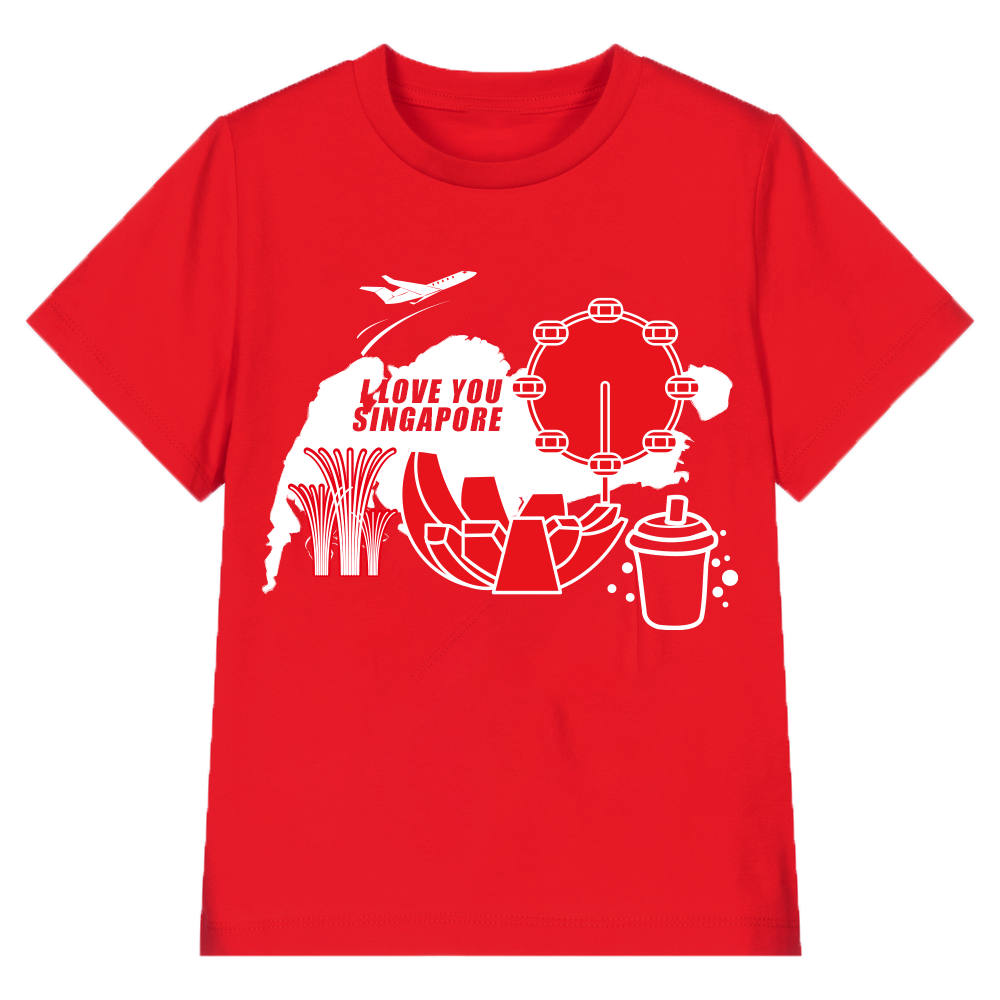 Baby Kids Red T-shirt I Love You Singapore Map Landscape Bubble Tea National Day Top Outfit - Little Kooma