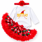 Baby Girl Christmas Outfit White Long Sleeve Bodysuit n Red Voile Skirt n Socks n Headwrap 4 Piece Set - 1124 - Little Kooma