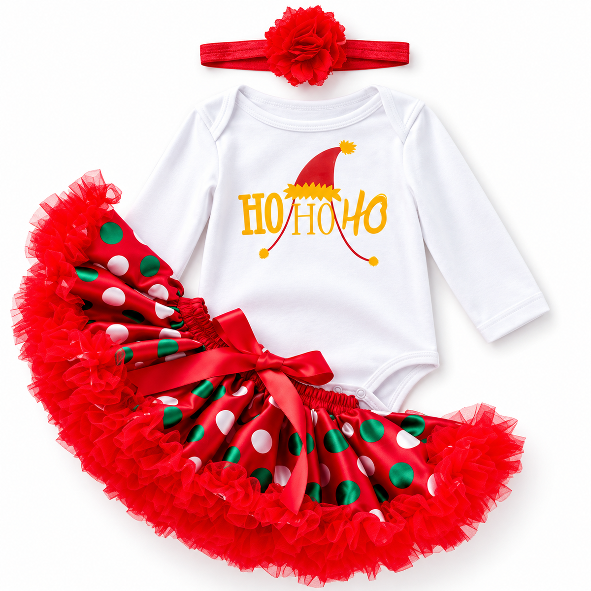 Baby Girl Christmas Outfit White Long Sleeve Bodysuit n Red Voile Skirt n Socks n Headwrap 4 Piece Set - 1124 - Little Kooma