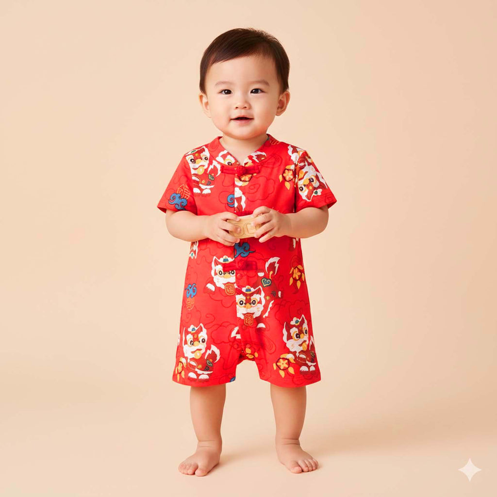 Ready Stock CNY Red Lion Dance Baby Boy Cheongsam Romper Singapore Outfit