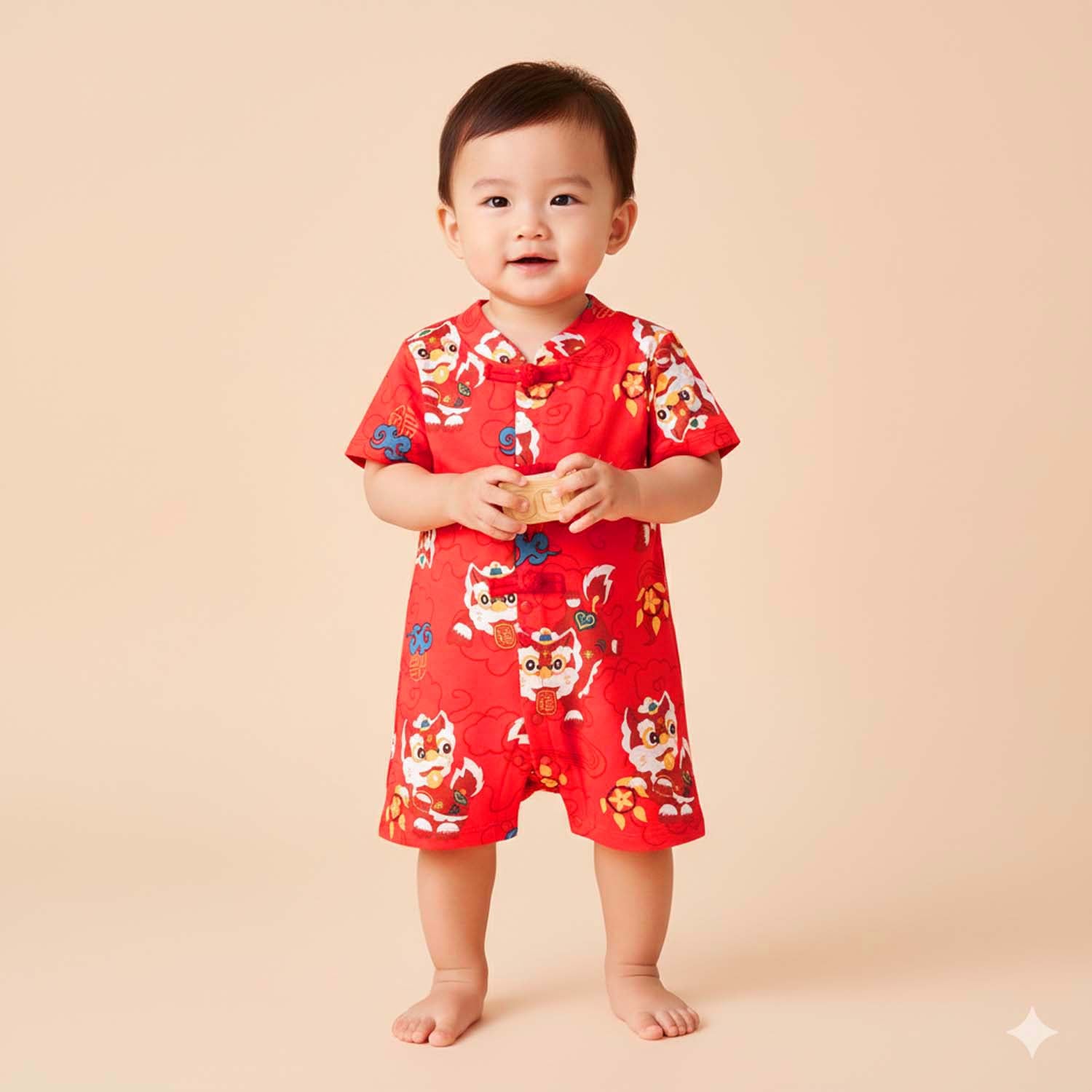 Ready Stock CNY Red Lion Dance Baby Boy Cheongsam Romper Singapore Outfit