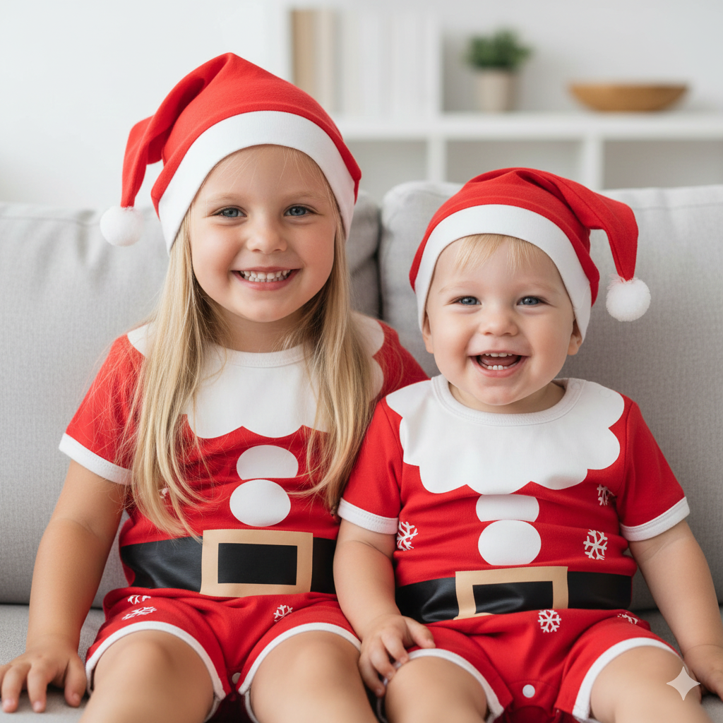 Baby Christmas Outfit Santa Short Sleeve Romper n Hat 2pc Set 0-2 Years