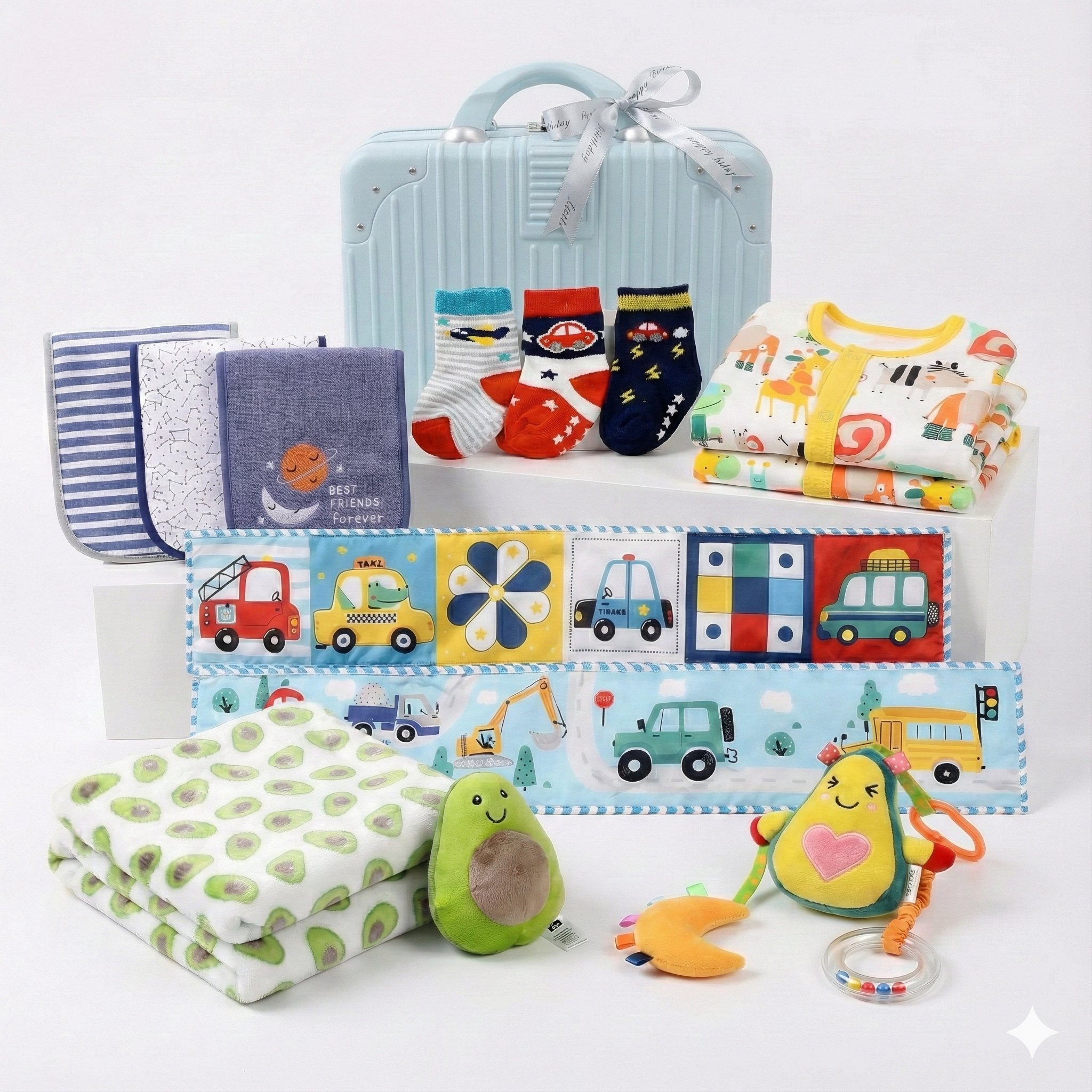 New Born Baby Boy Avocado LED Light Layette Plush Blanket Suitcase Mummy Makeup Box Gift Hamper Gift Box Set - Little Kooma