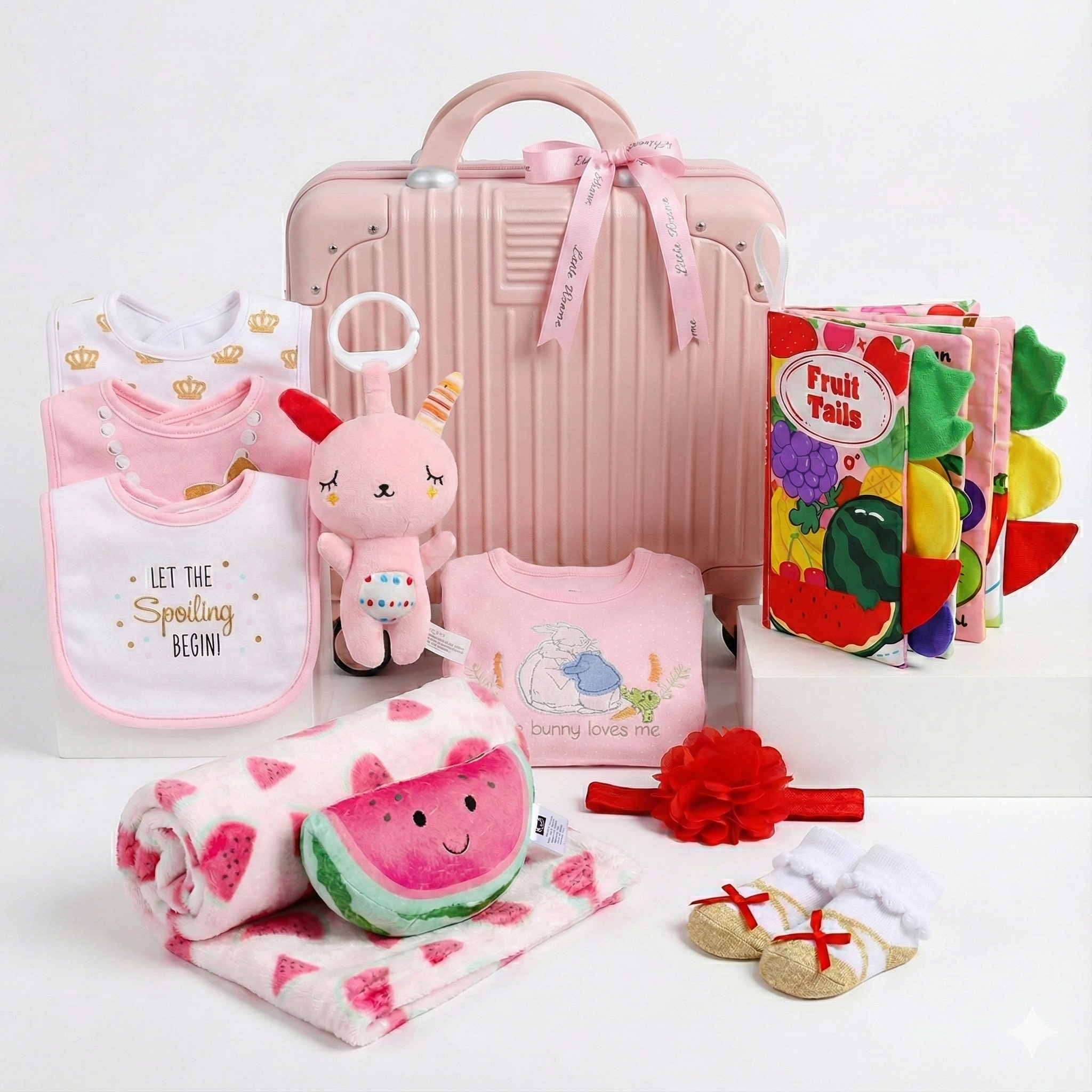 New Born Baby Girl Watermelon LED Light Layette Plush Blanket Romper Suitcase Mummy Makeup Box Gift Hamper Gift Box Set - Little Kooma