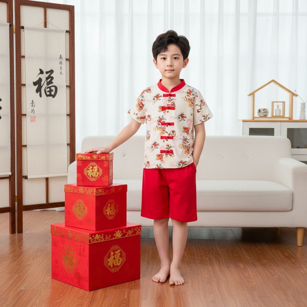 Ready Stock Singapore CNY White Lion Dance Cheongsam Outfit Set for Baby Kids Boys Top & Shorts