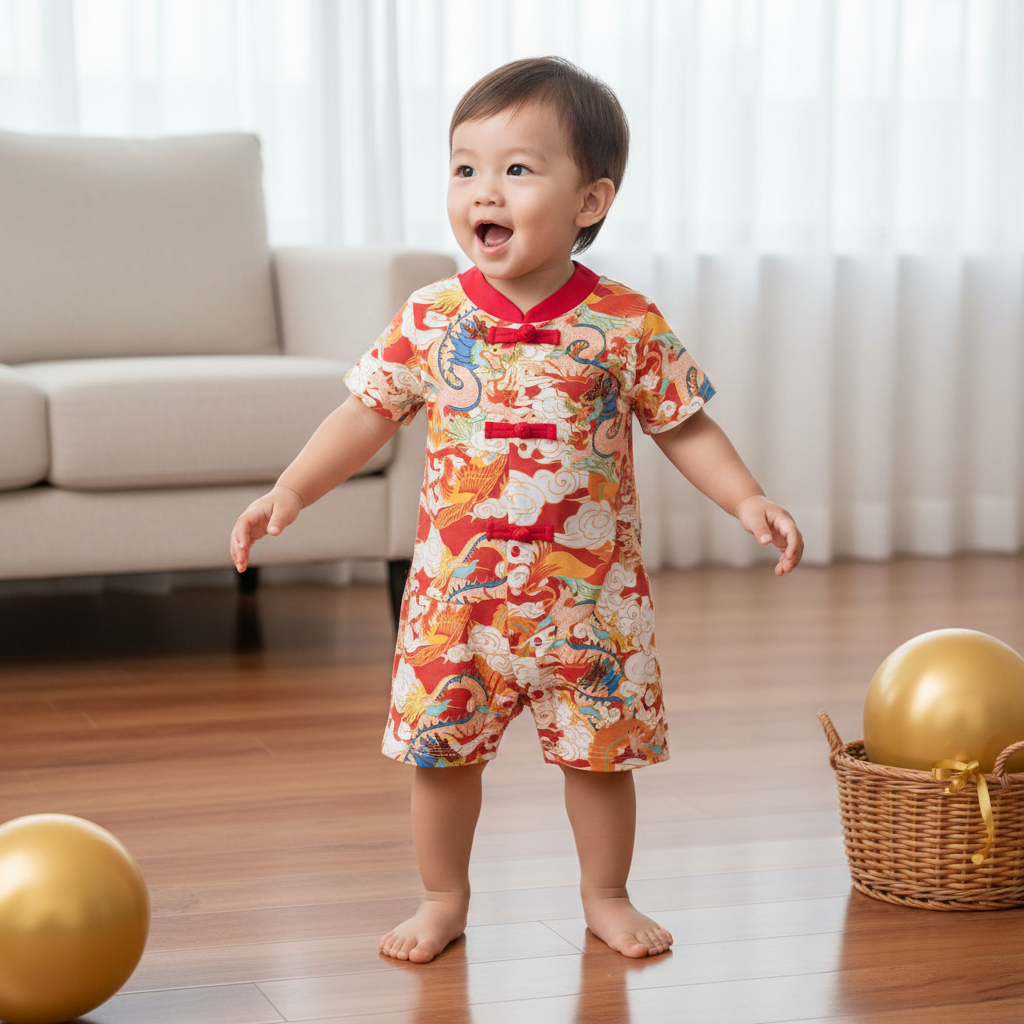 Ready Stock CNY Dragon Phoenix Baby Boy Cheongsam Romper Singapore Souvenir Gift