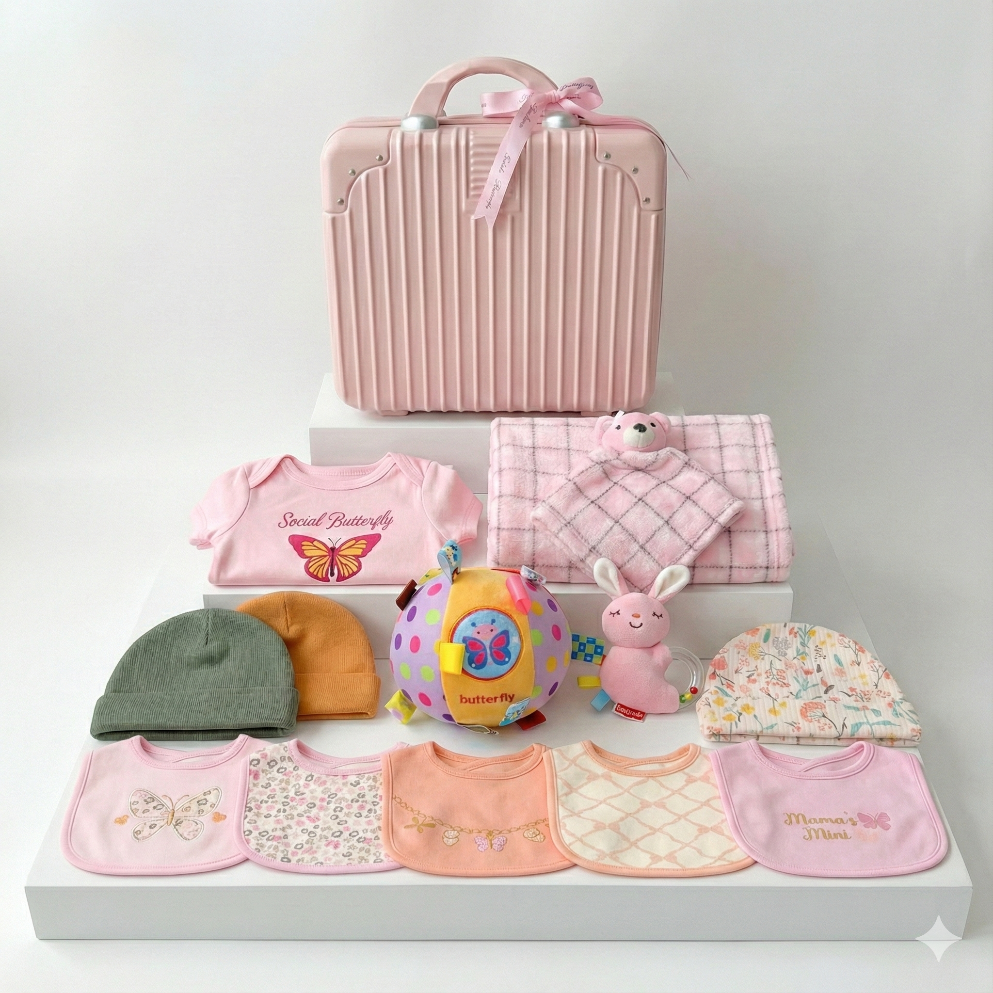 New Born Baby Girl Pink Bear LED Light Layette Plush Blanket Romper Suitcase Mummy Makeup Box Gift Hamper Gift Box Set - Little Kooma