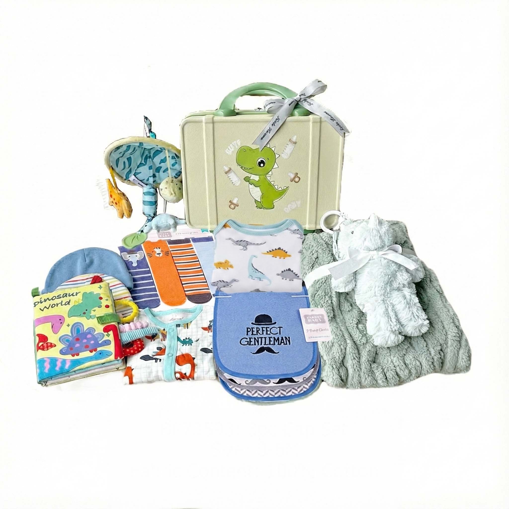 New Born Baby Boy LED Light Layette Plush Blanket Dinosaur Suitcase Mummy Makeup Box Gift Hamper Gift Box Set