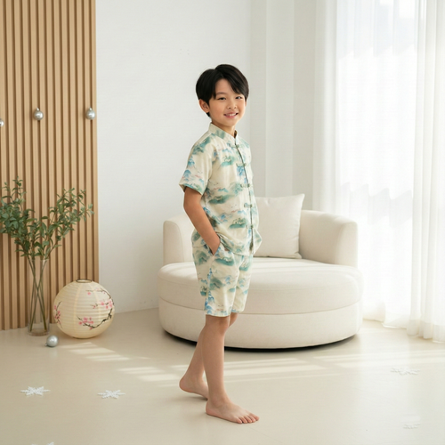 Singapore Souvenir Gift Chinese Landscape Painting Mountains Trees Baby Kids Boys Cheongsam Set Top n Shorts CNY Chinese New Year Outfit 0836 - Little Kooma