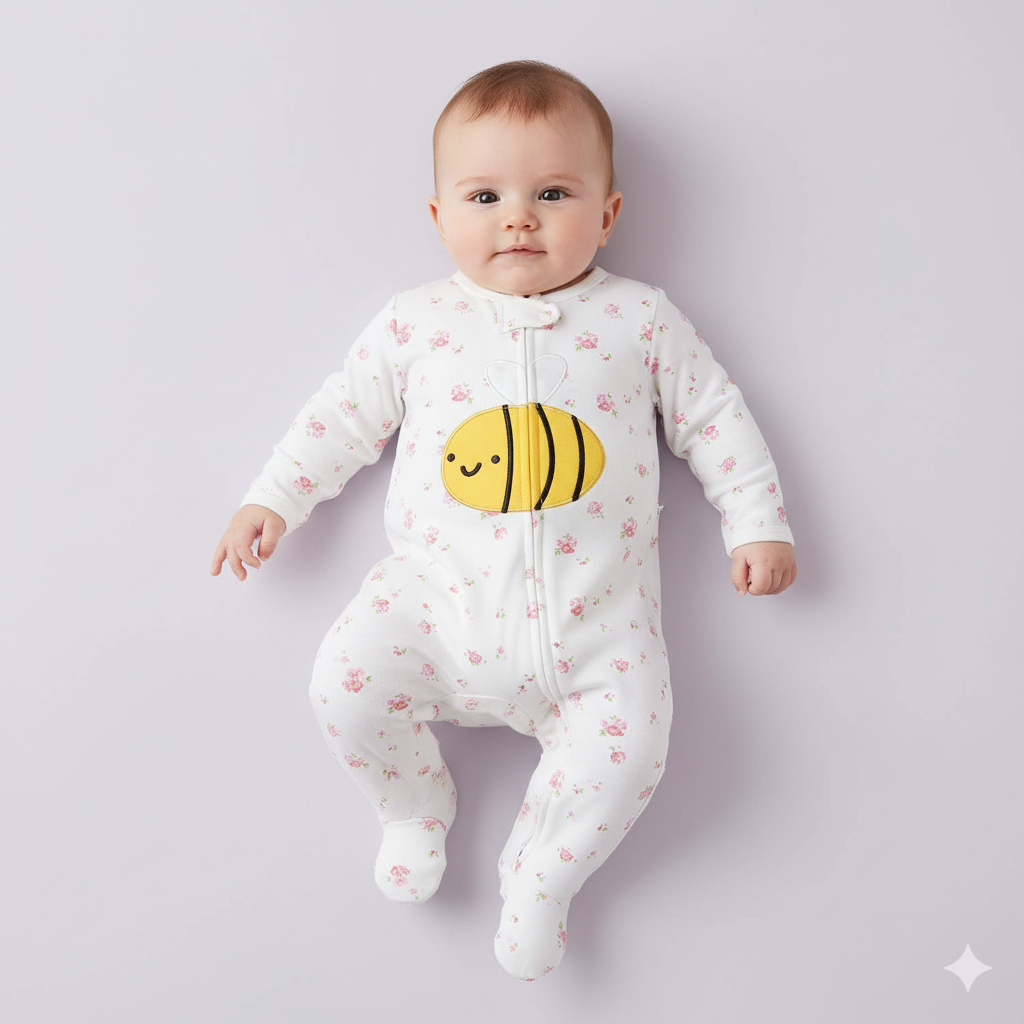 Baby Embroidered Bee Two Way Zip Sleepsuit All In One Jumpsuit