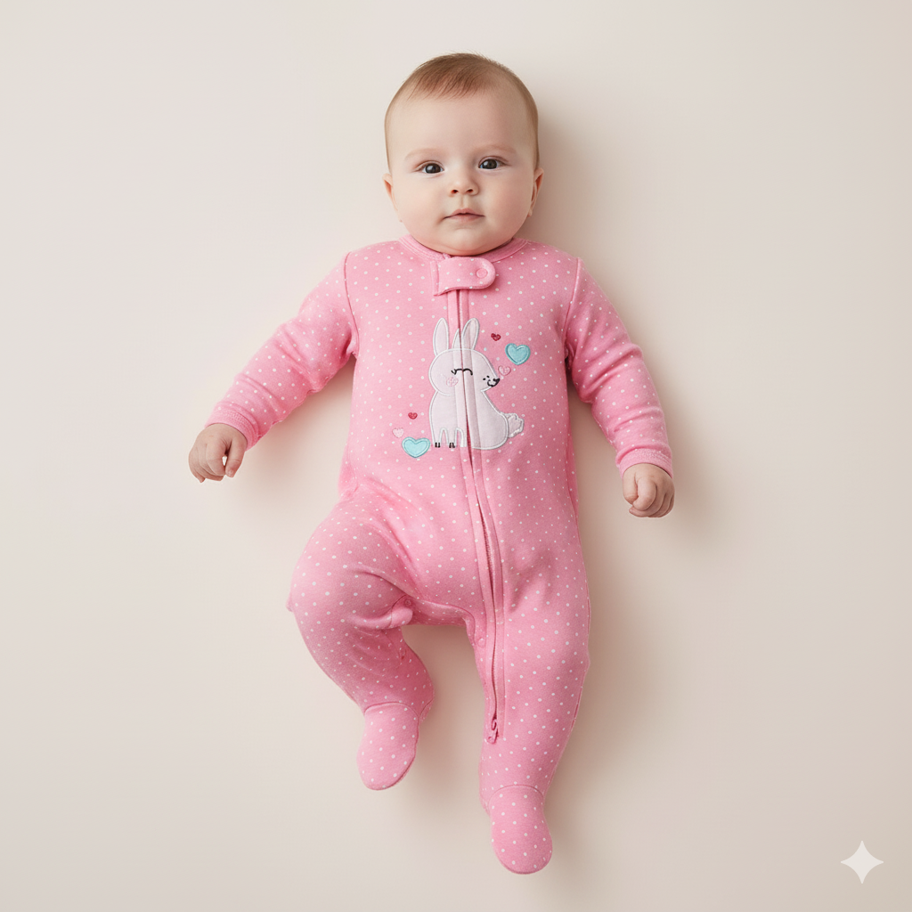 Baby Embroidered Bunny Two Way Zip Sleepsuit All In One Jumpsuit