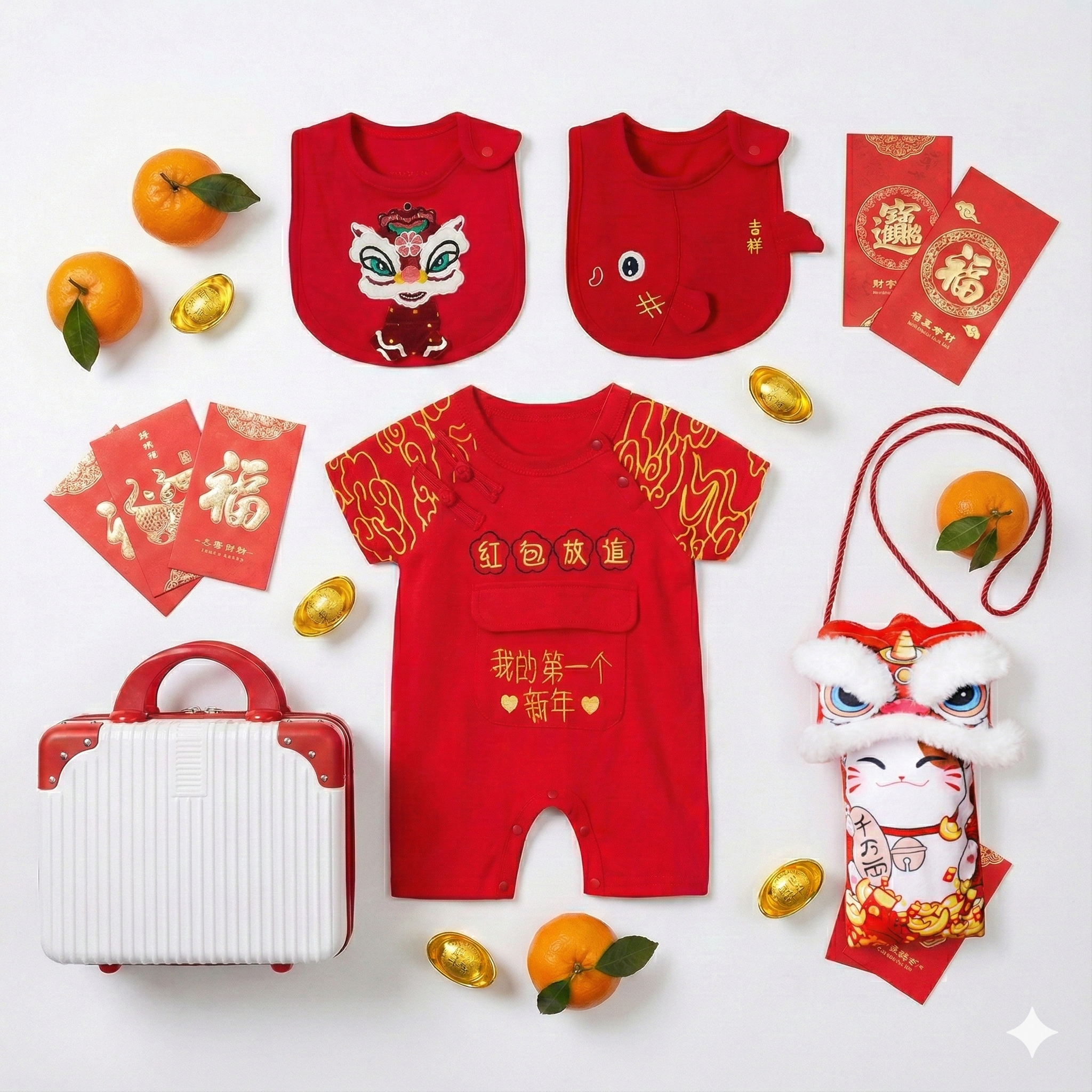 Chinese New Year Newborn Baby Gift Set Hamper – Plush Blanket, Layette, LED Light & Suitcase Box (Boy/Girl) - Little Kooma
