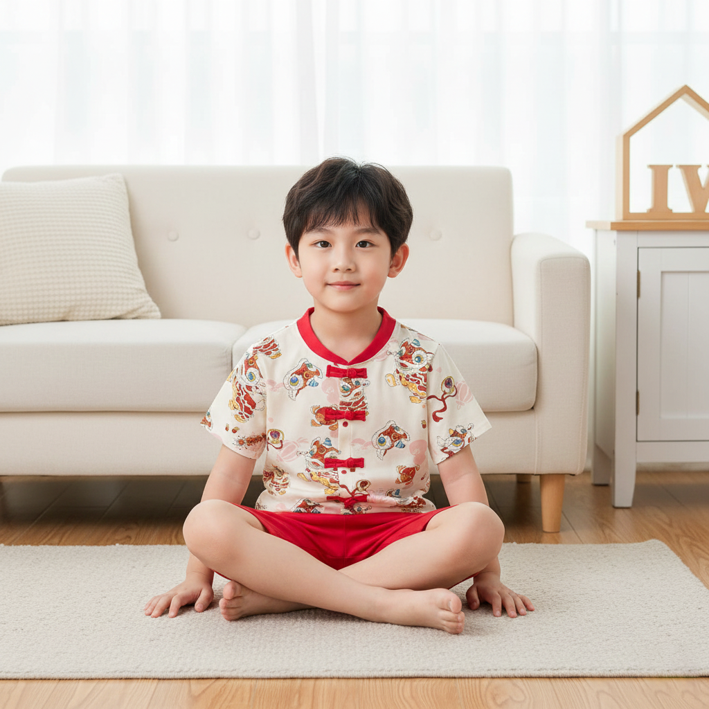 Ready Stock Singapore CNY White Lion Dance Cheongsam Outfit Set for Baby Kids Boys Top & Shorts