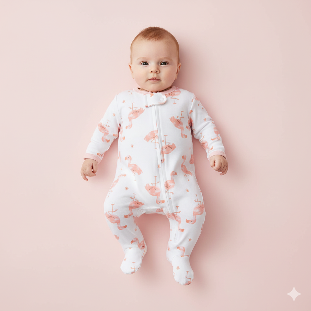 Baby Cotton Sleepsuit Flamingo Two Way Zip All In One Jumpsuit Feet Cover