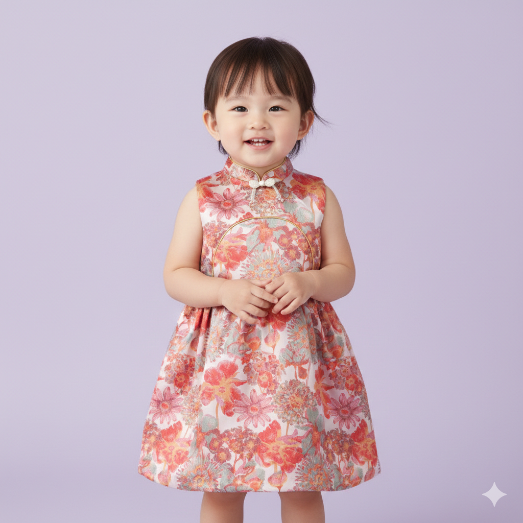 Singapore Souvenir Gift Red Flowers Sleeveless Baby Kids Girl Cheongsam Dress 0845