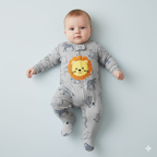 Baby Boy Cotton Sleepsuit Grey Animal Lion Two Way Zipper All In One Jumpsuit - Little Kooma