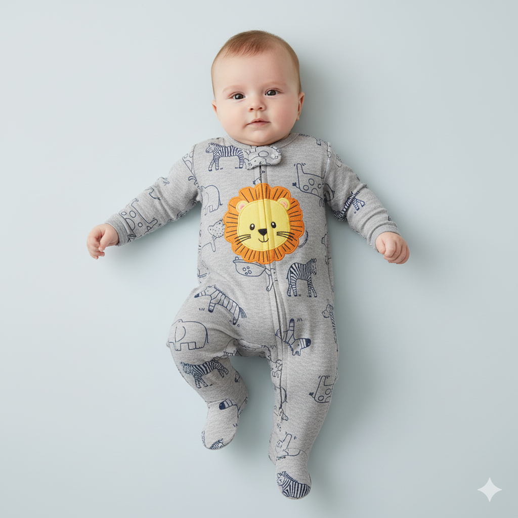 Baby Boy Cotton Sleepsuit Grey Animal Lion Two Way Zipper All In One Jumpsuit