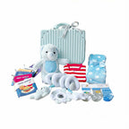 新生兒男孩 LED 燈襪子 布書 毛絨毯子 連身衣 螺旋玩具 藍色小熊 行李箱 媽咪化妝盒 禮物籃 禮盒套裝