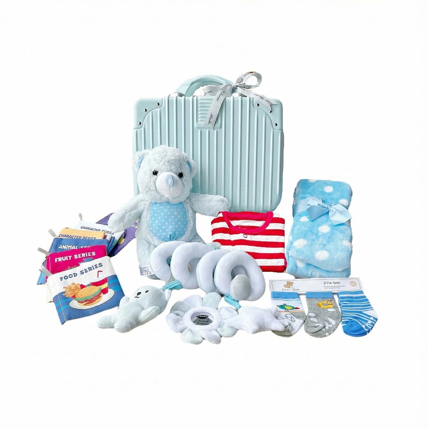 新生兒男孩 LED 燈襪子 布書 毛絨毯子 連身衣 螺旋玩具 藍色小熊 行李箱 媽咪化妝盒 禮物籃 禮盒套裝