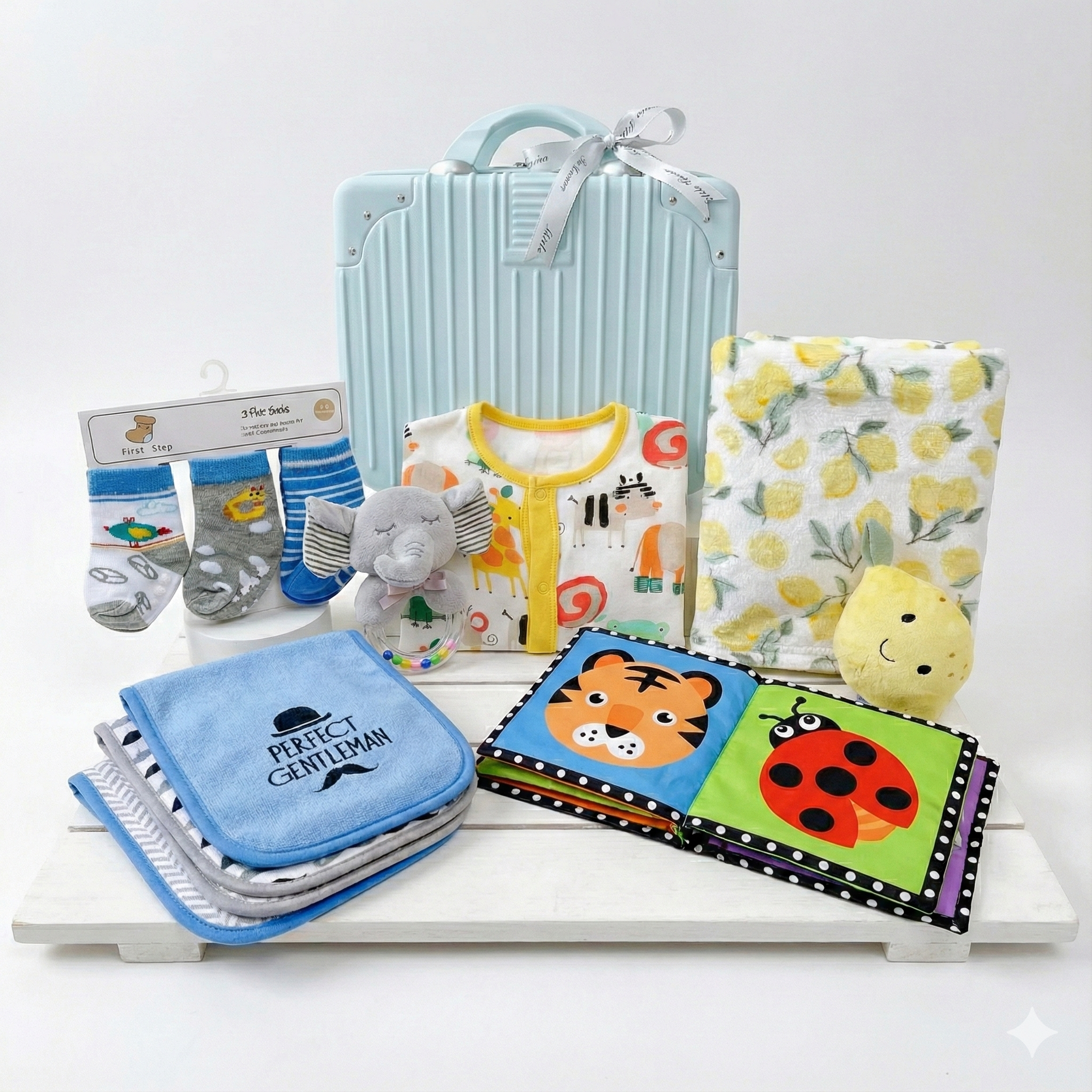 New Born Baby Boy Lemon LED Light Layette Plush Blanket Suitcase Mummy Makeup Box Gift Hamper Gift Box Set - Little Kooma