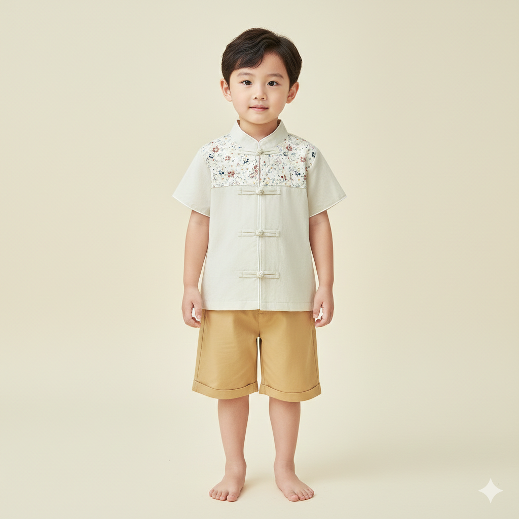 Singapore Souvenir Gift Blossom Harmony Collection Baby Kids Boys Beige Cheongsam Set Little Flower Prints Top n Shorts CNY Chinese New Year Outfit 0819 - Little Kooma