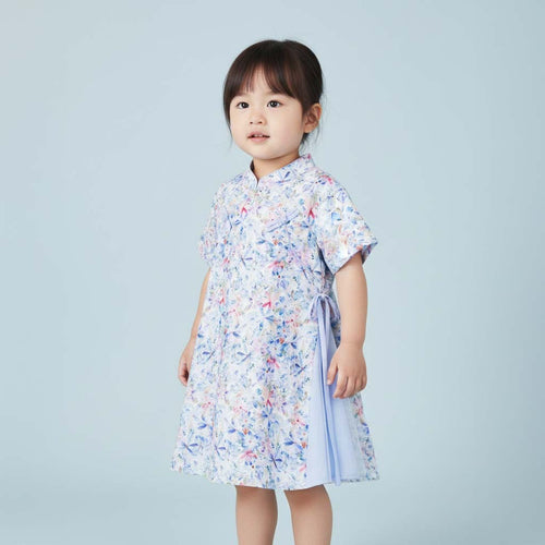 Singapore Souvenir Gift Baby Kids Girl Blue n Pink Flower Cheongsam Dress w Double Bowties n Side Voile Design - Little Kooma