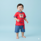 Singapore Souvenir Gift Dancing Lion Baby Kids Boys Cheongsam Set Red Top n Blue Shorts CNY Chinese New Year Outfit 0838 - Little Kooma