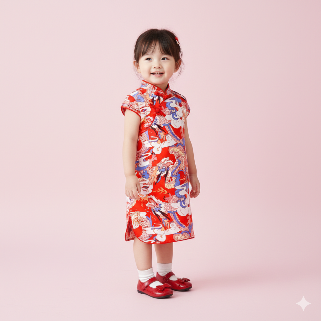 Singapore Souvenir Gift Dragon Dynasty Ensemble Baby Kids Girl Blue n Red Cheongsam Dress w Dragon Prints 0803 - Little Kooma