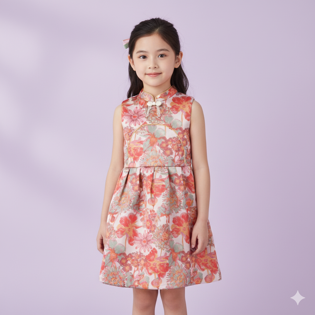 Singapore Souvenir Gift Red Flowers Sleeveless Baby Kids Girl Cheongsam Dress 0845 - Little Kooma