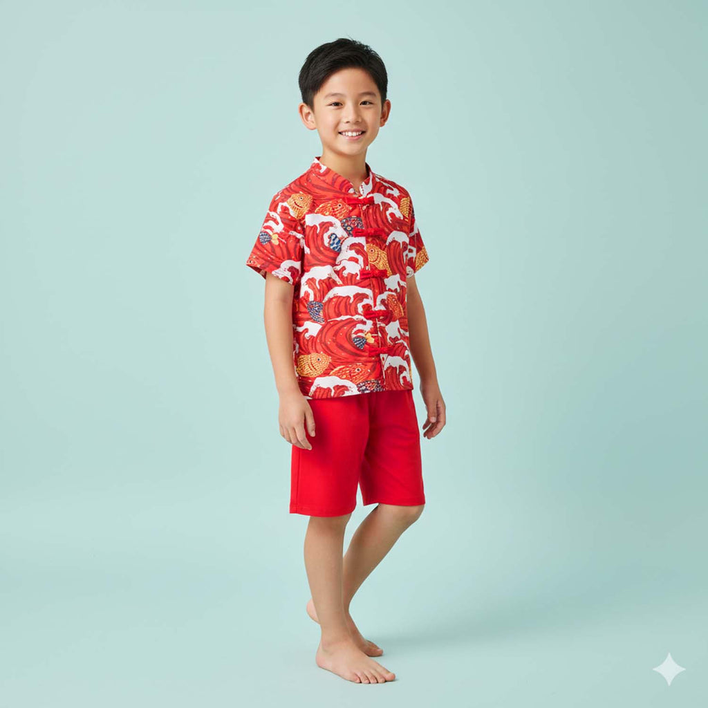 Ready Stock CNY Carp Dragon Leap Boys Cheongsam Top & Shorts Baby Kids Chinese New Year Outfit